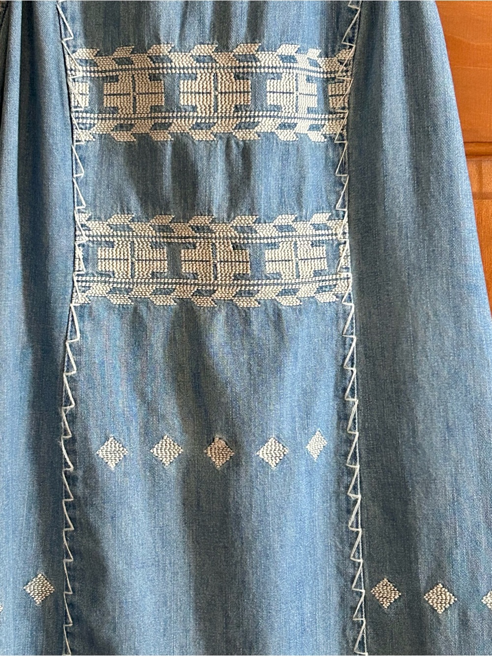 Free People Light Blue Denim Mini Dress with Cream Embroidery Accents - Picture 2 of 6
